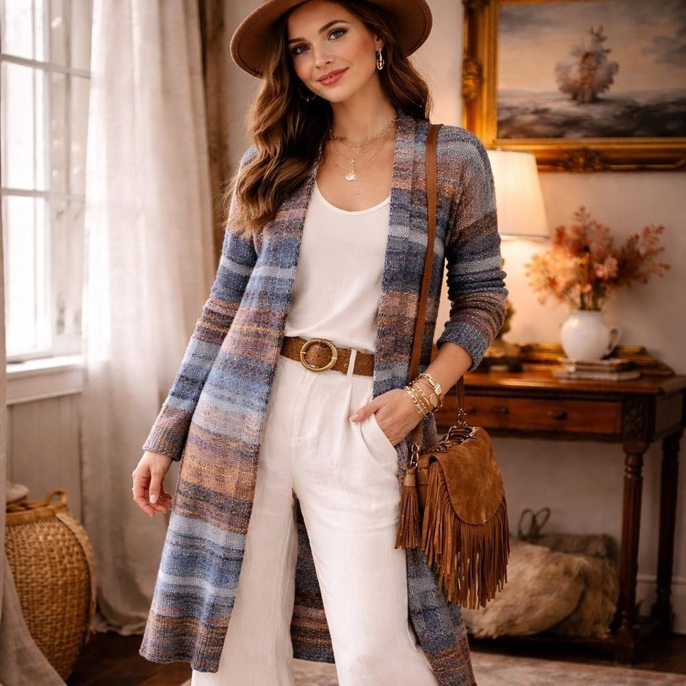 J. Jill Blue Brown Striped Long Midi Open Front Cardigan Boho Womens Large